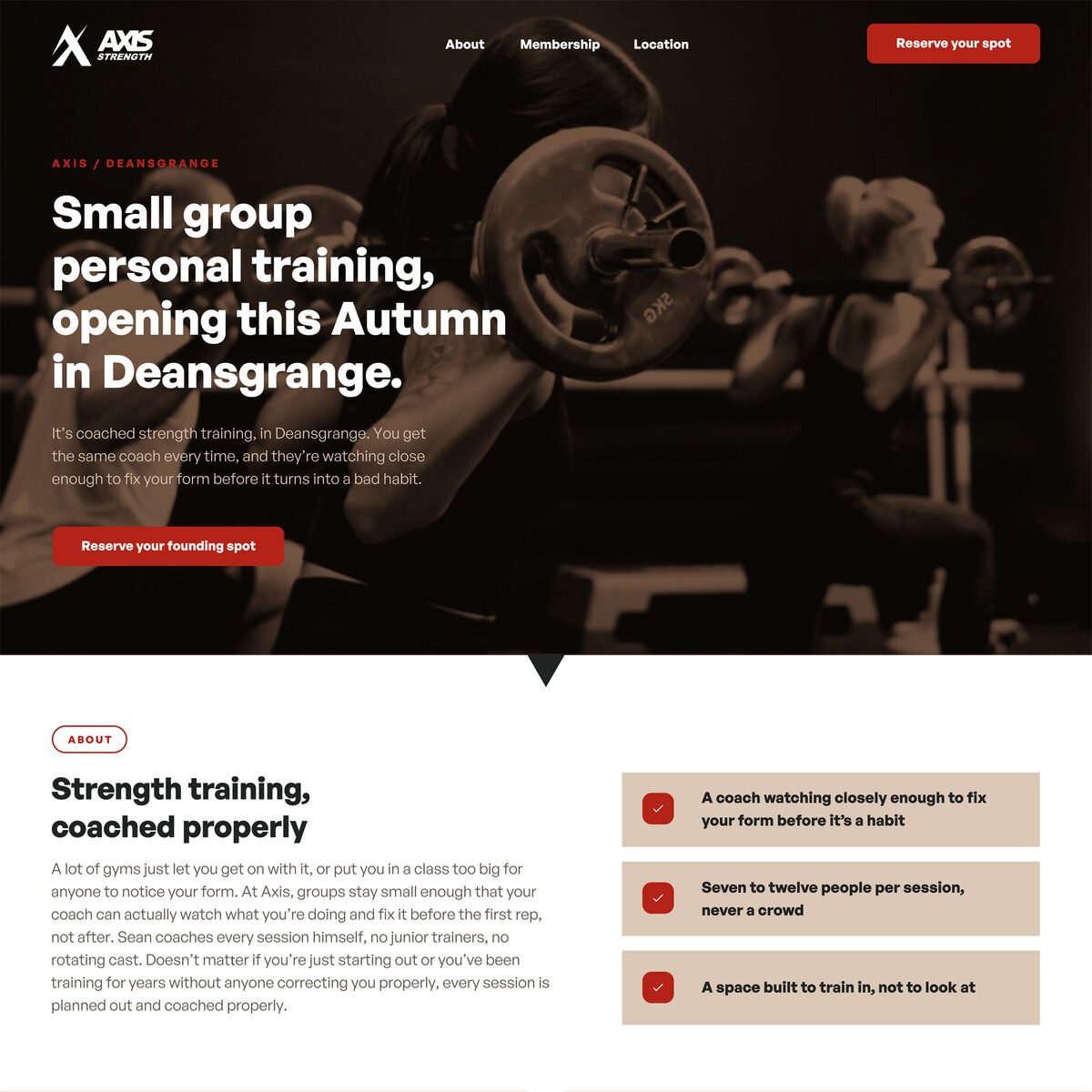 The finished Axis launch page design: a dark photo hero with Reserve your founding spot, and the About section in Chalk and Saddle