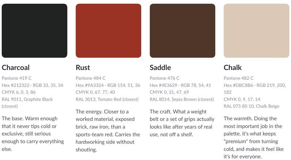 Axis palette: Charcoal, Rust, Saddle and Chalk, with Pantone, HEX, RGB and CMYK values