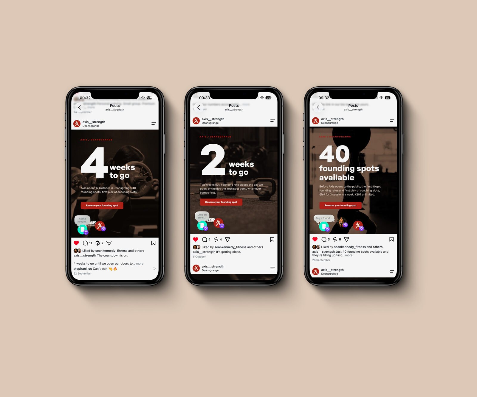 Three Axis countdown posts on phones: 4 weeks to go, 2 weeks to go and 40 founding spots available