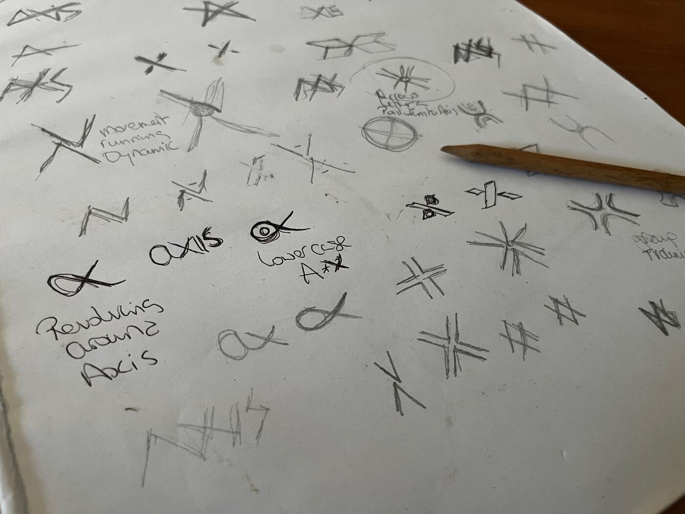 A second page of pencil sketches: A and X marks, early AXIS wordmarks and notes on movement
