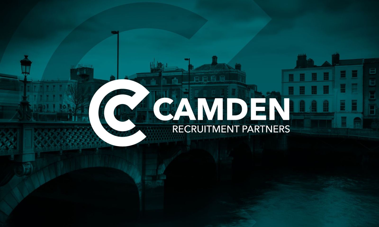 Camden Recruitment Partners logo over a teal photo of a city bridge