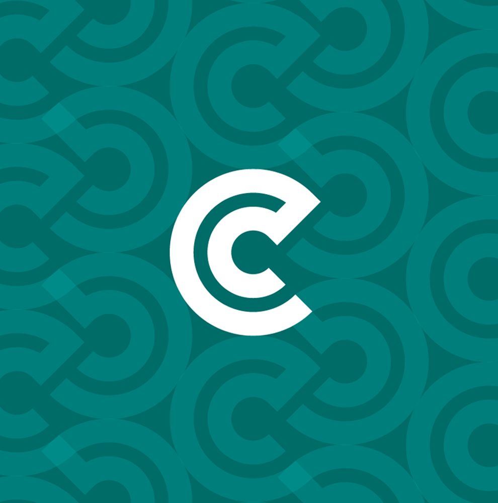Camden C mark in white over a repeating teal pattern made from the mark