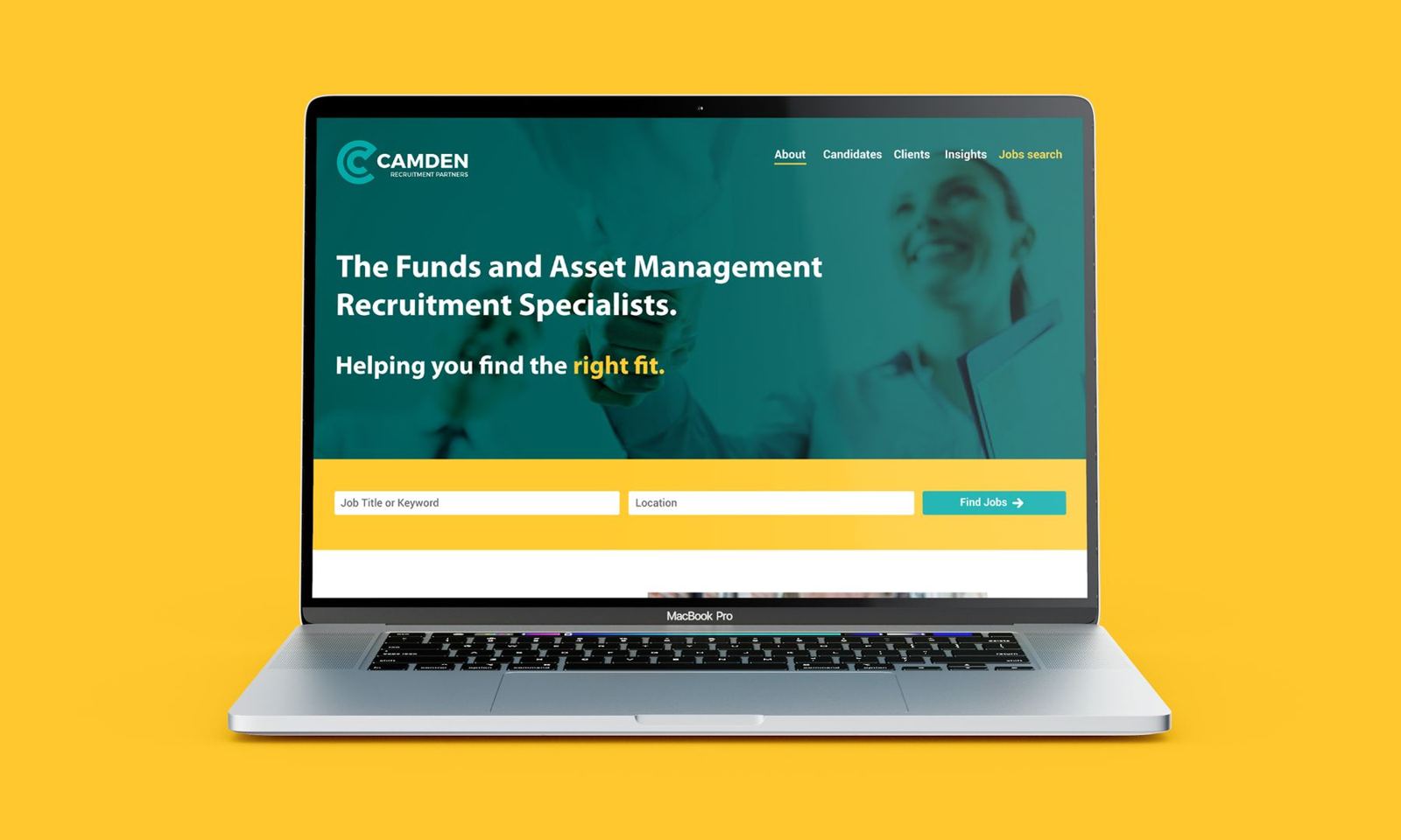 The Camden Recruitment Partners website on a laptop against a yellow background
