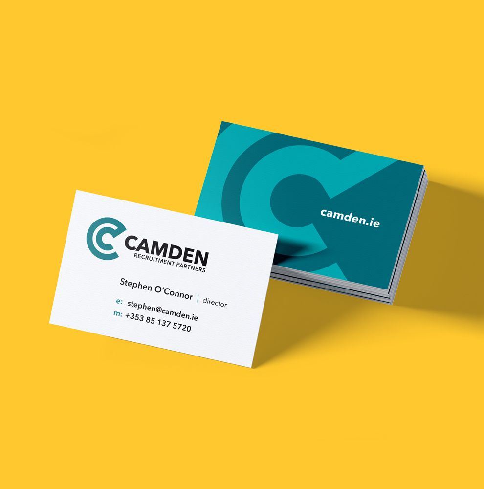 Camden business cards in teal and white