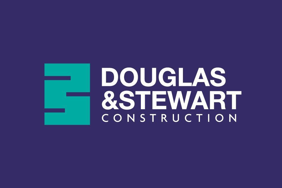 Douglas and Stewart Construction logo in teal and white on a deep purple background