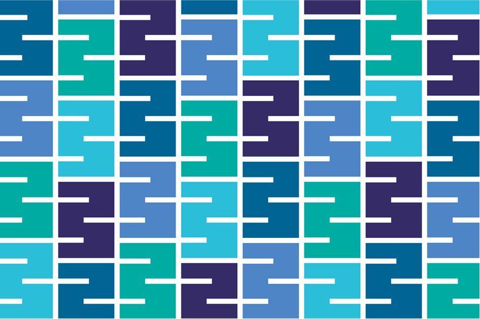 Repeating brick-course pattern made from the Douglas and Stewart mark in teal, blue and navy