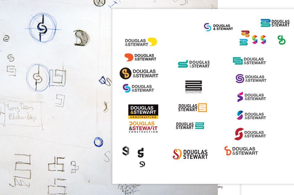 Sketches and dozens of early logo routes for Douglas and Stewart