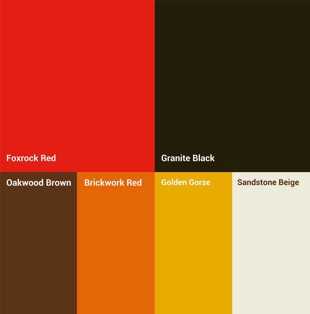 Foxstone colour palette: Foxrock Red, Granite Black, Oakwood Brown, Brickwork Red, Golden Gorse and Sandstone Beige