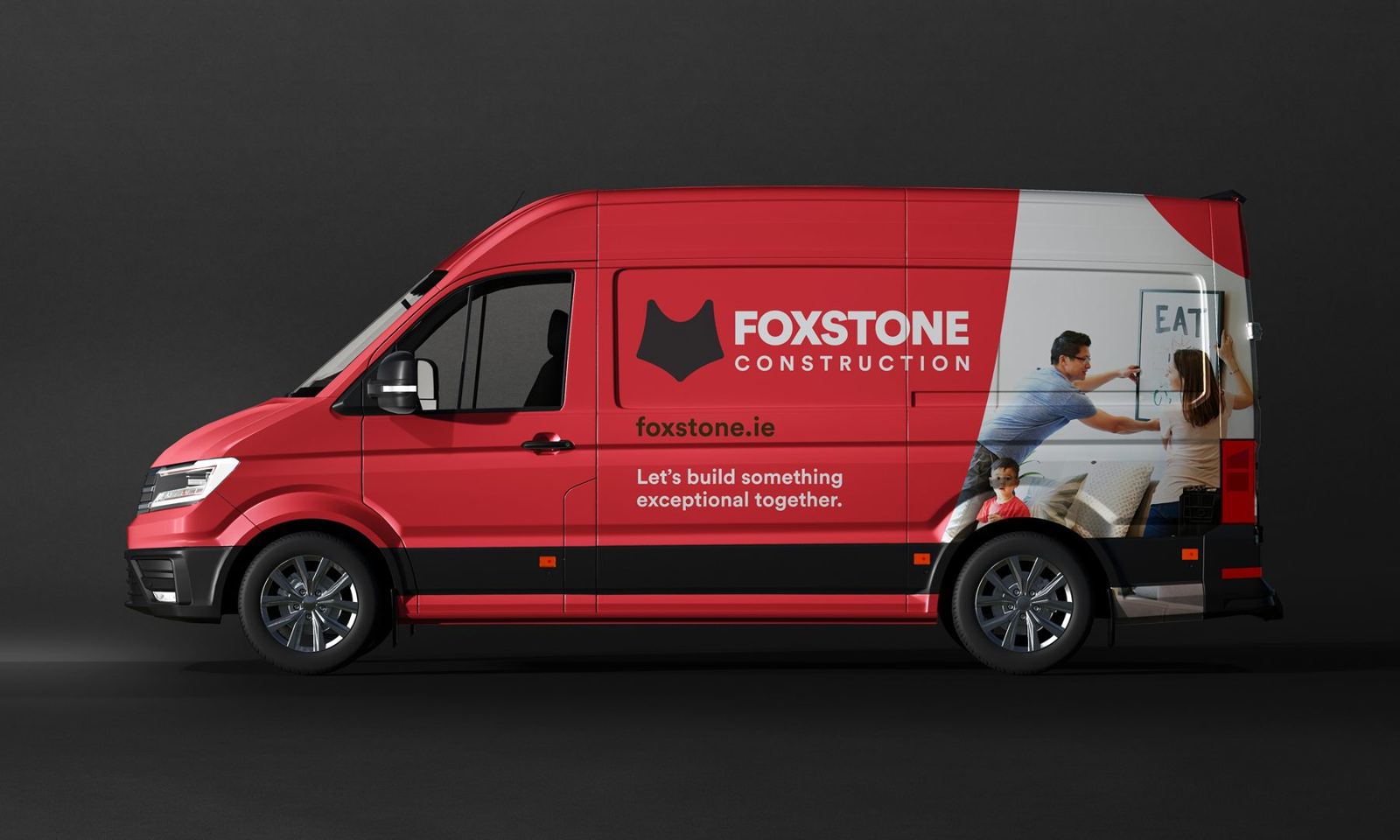 Red Foxstone Construction van livery with the fox mark and website