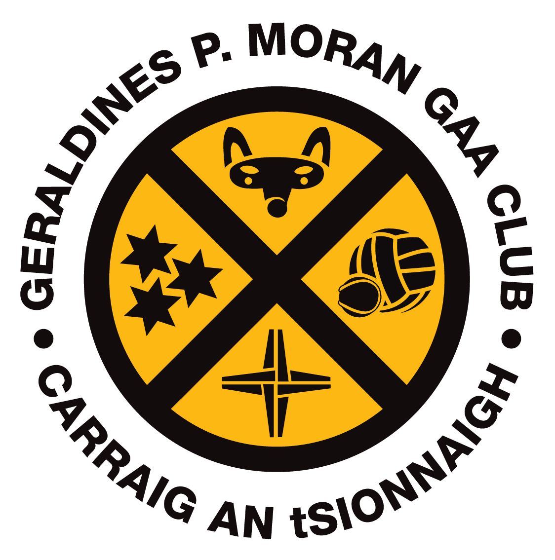The new Geraldines P. Moran GAA Club crest in yellow and black with stars, a fox's head, St Brigid's Cross, a football and a sliotar
