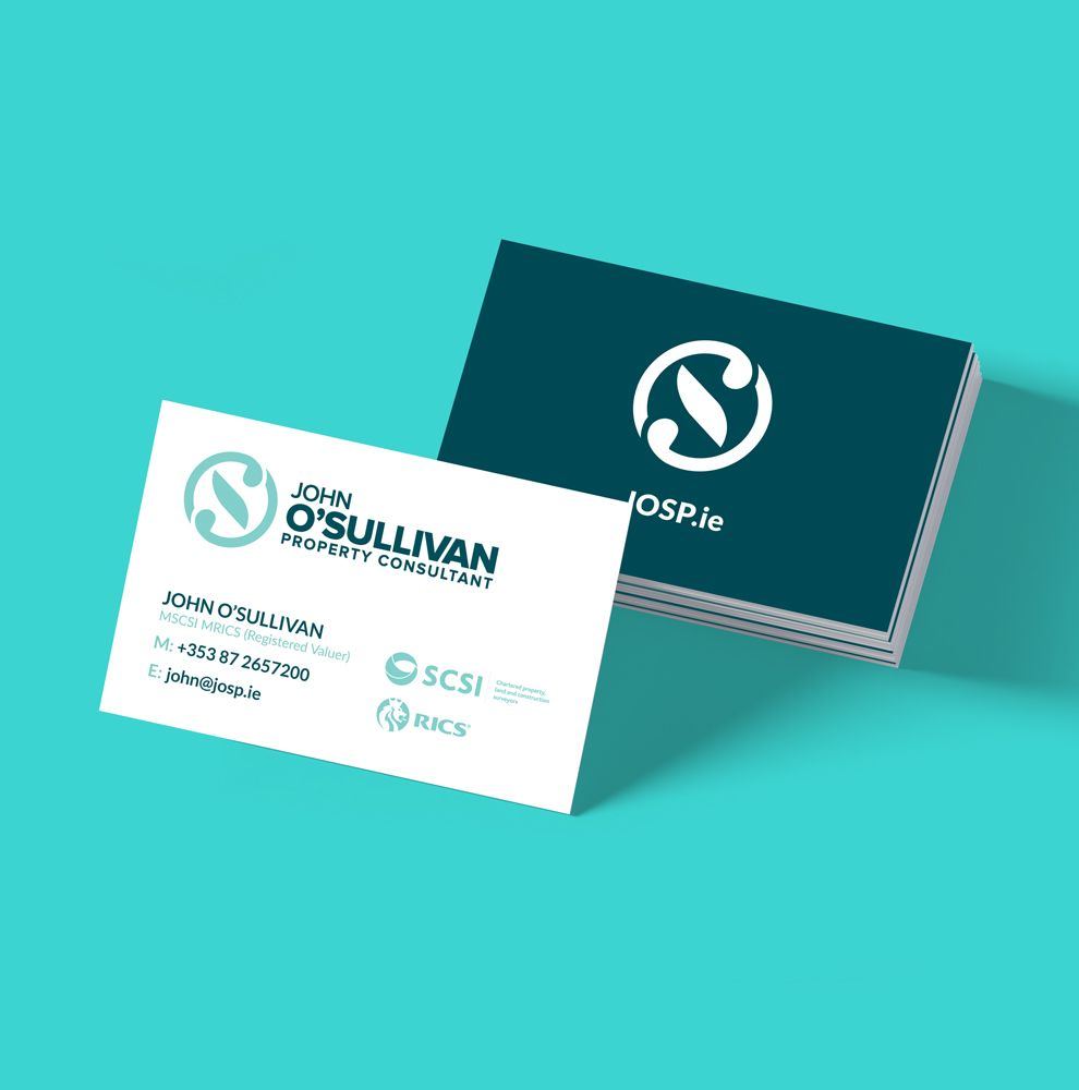 John O'Sullivan business cards in teal and white
