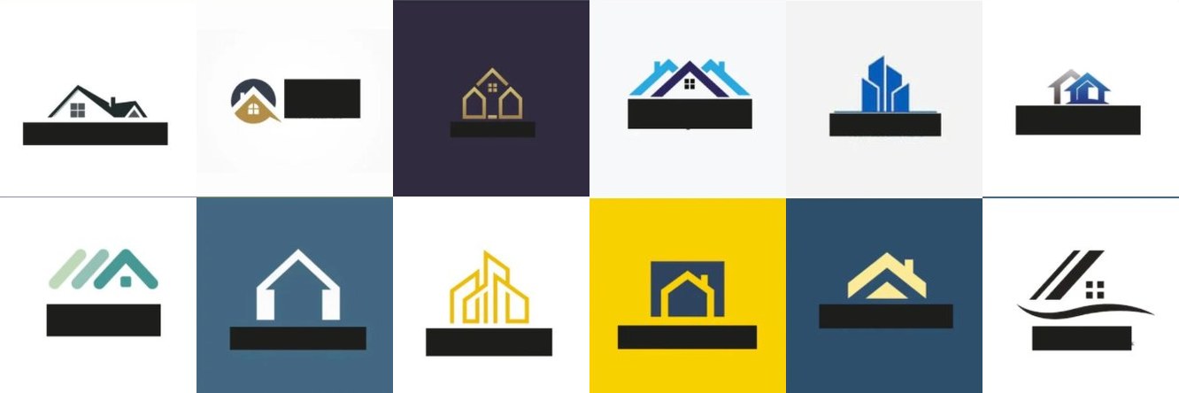 Twelve generic estate agent logos built from house and roof icons