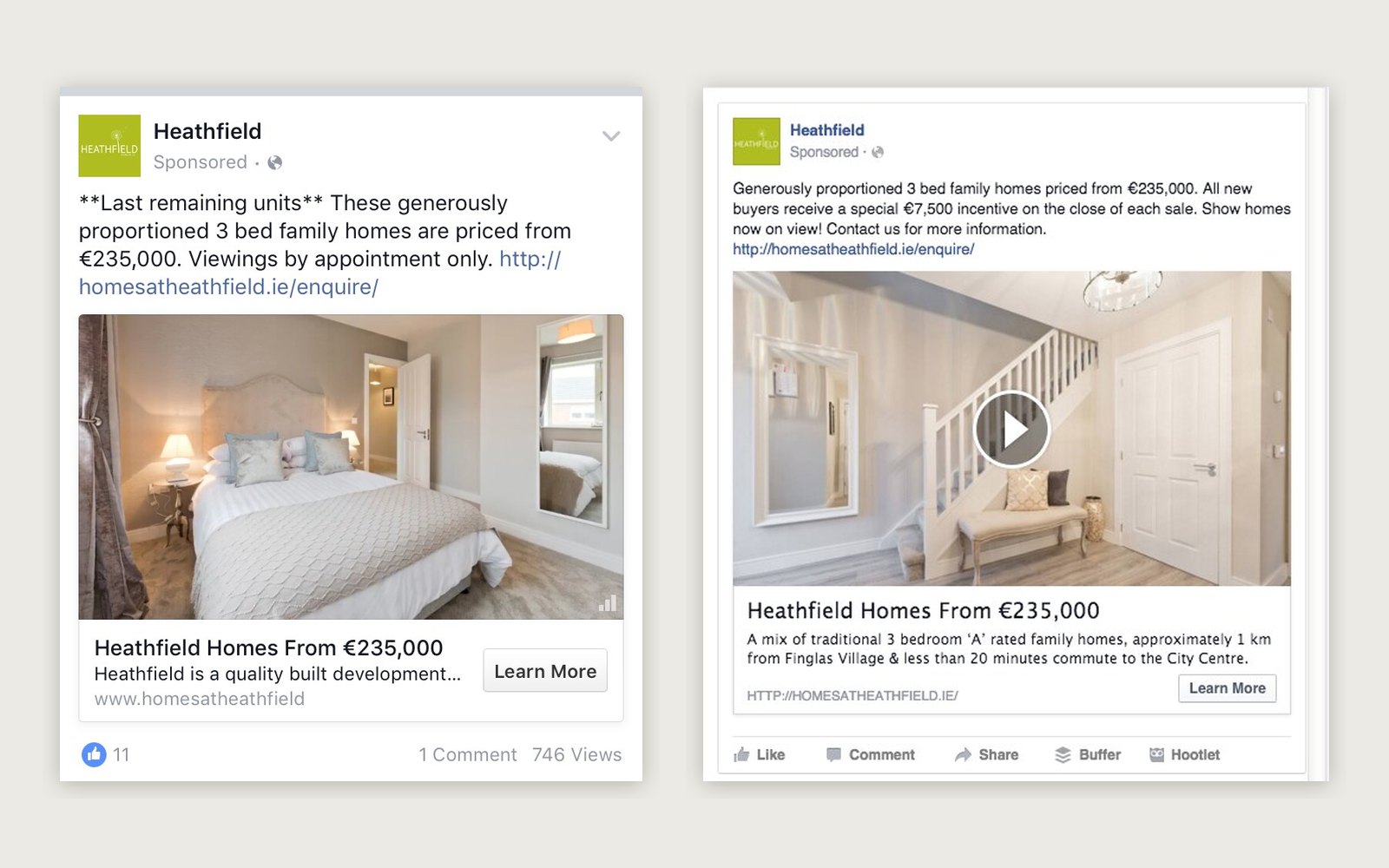 Two sponsored Heathfield Facebook posts for homes from €235,000, one with a photo and one with a video