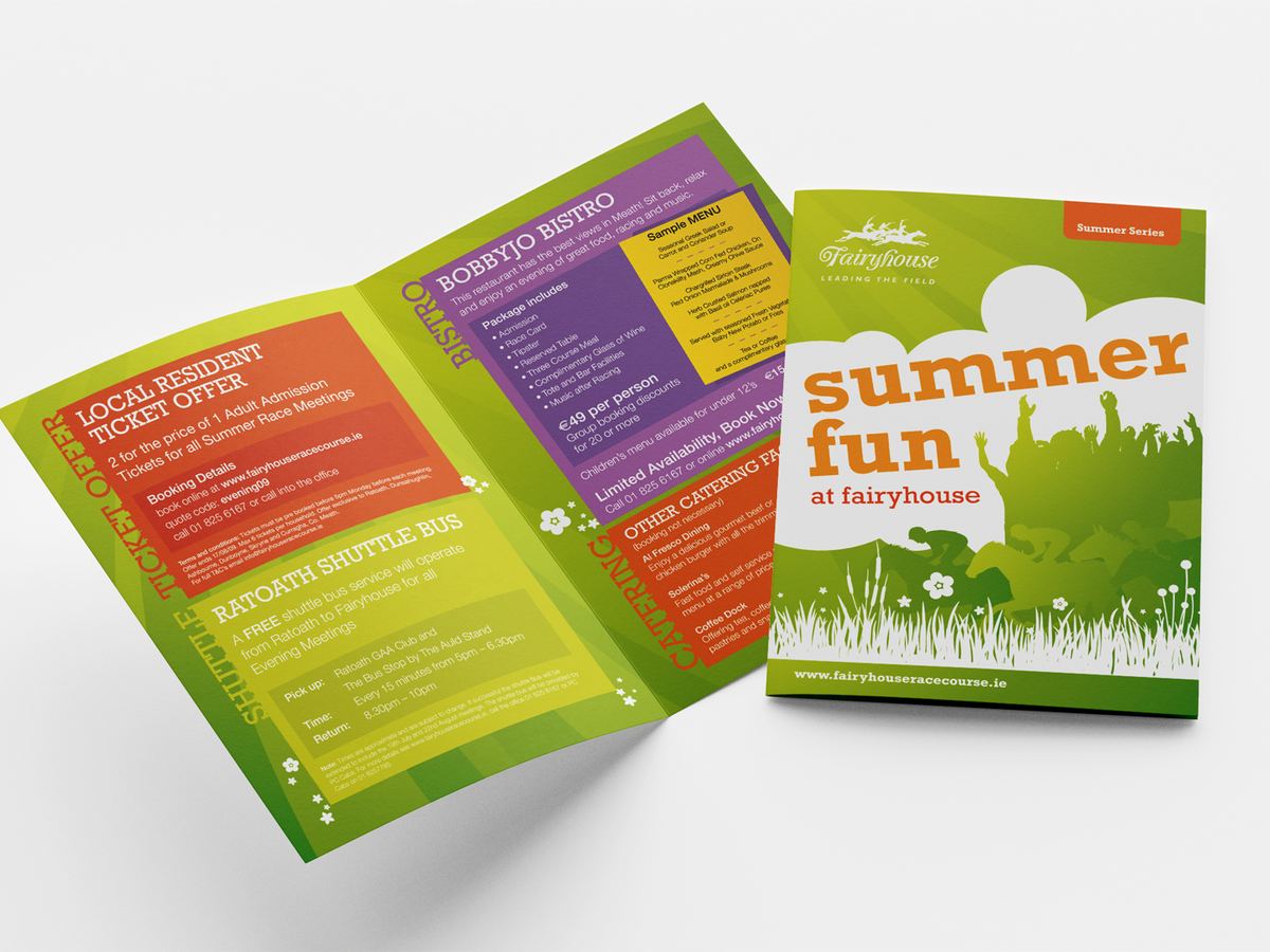 Fairyhouse Summer Fun brochure in green and orange, with ticket offers and the Ratoath shuttle bus