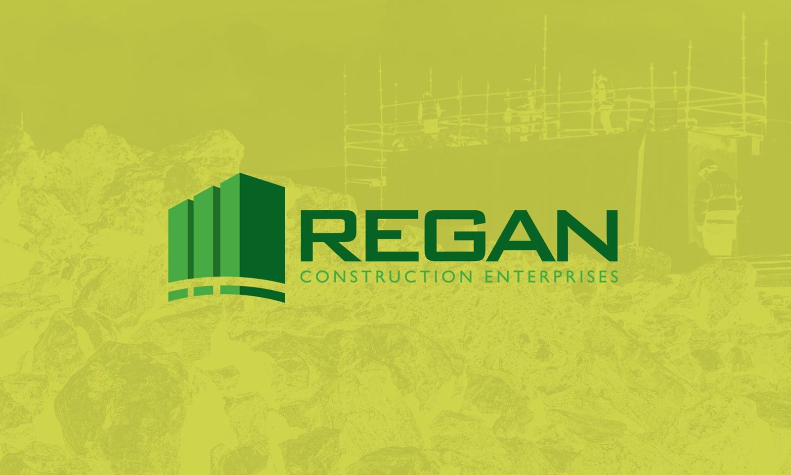 Regan Construction Enterprises green logo over a lime-tinted photo of scaffolding