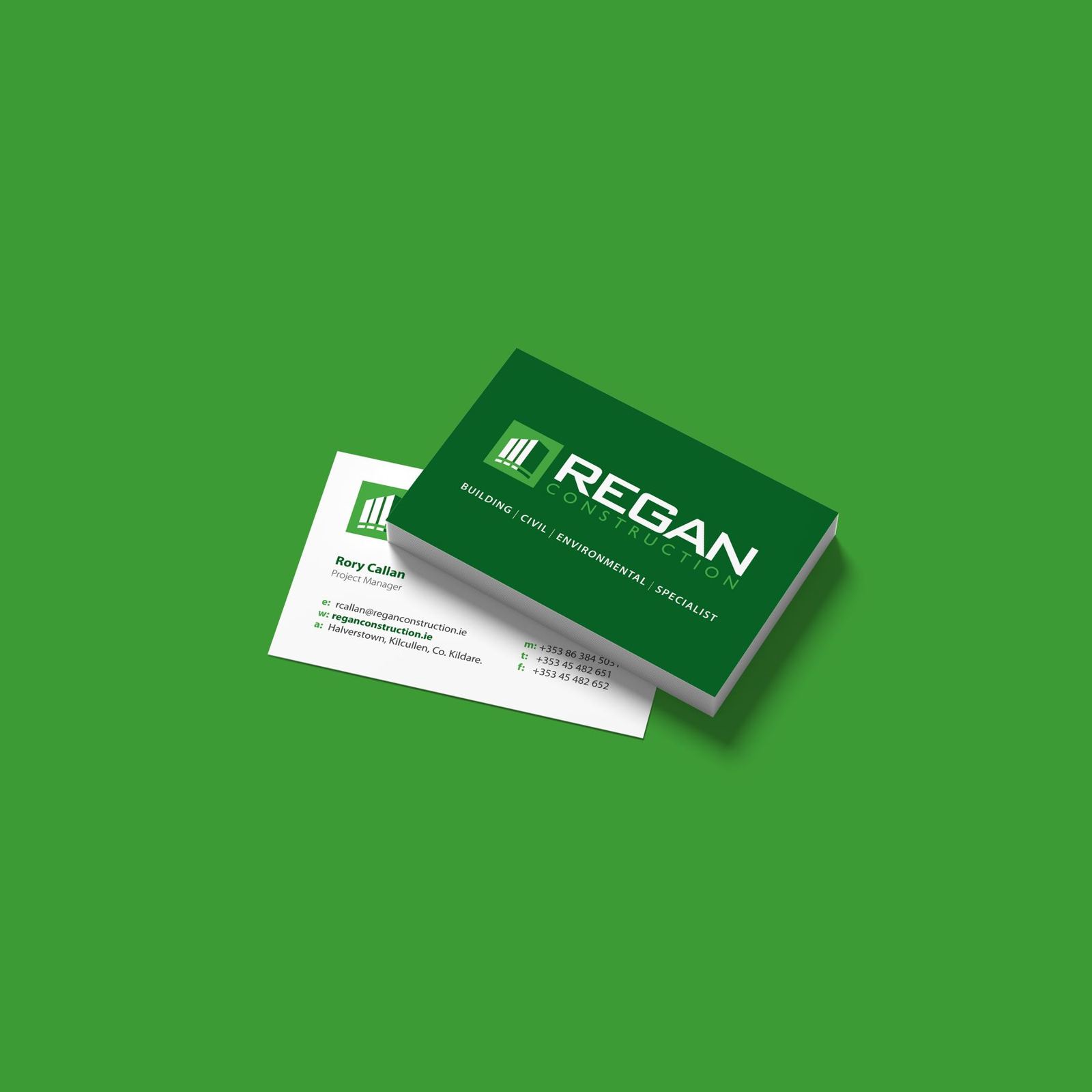 Regan business cards in green and white