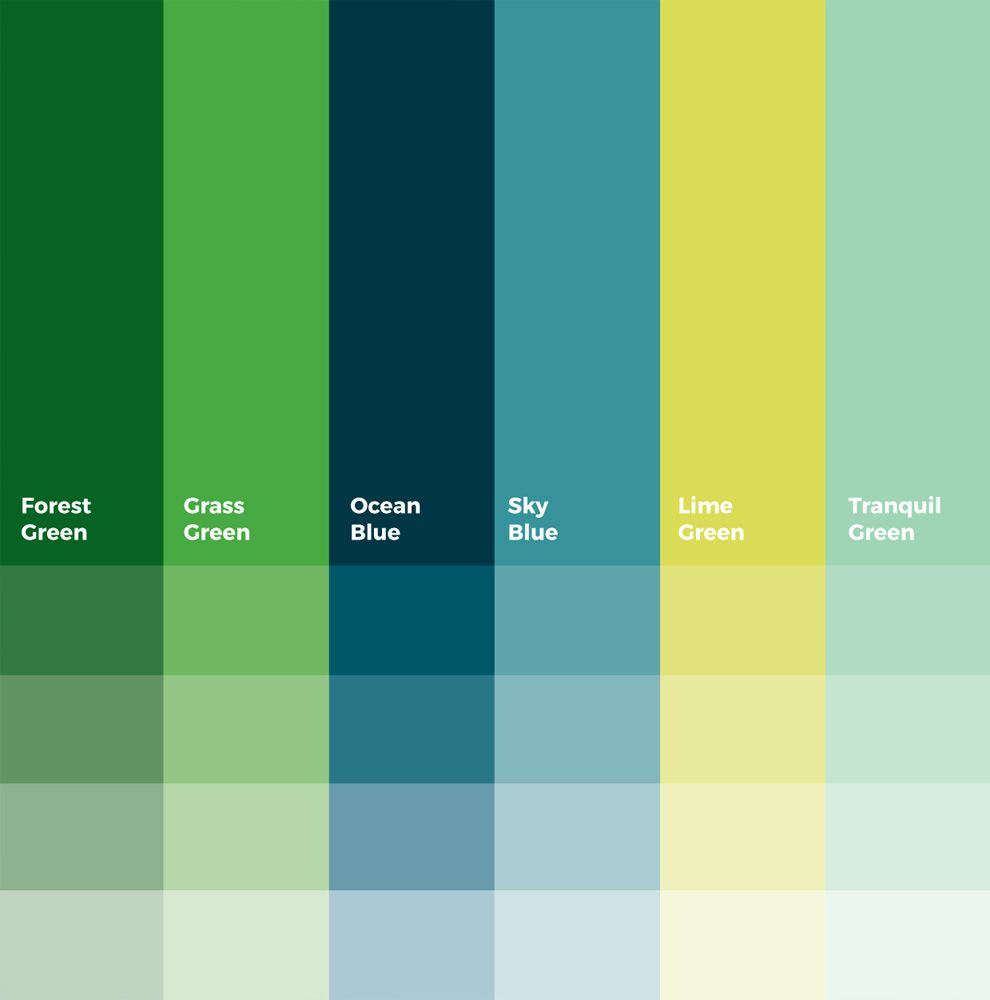 Regan palette: Forest Green, Grass Green, Ocean Blue, Sky Blue, Lime Green and Tranquil Green, with tints