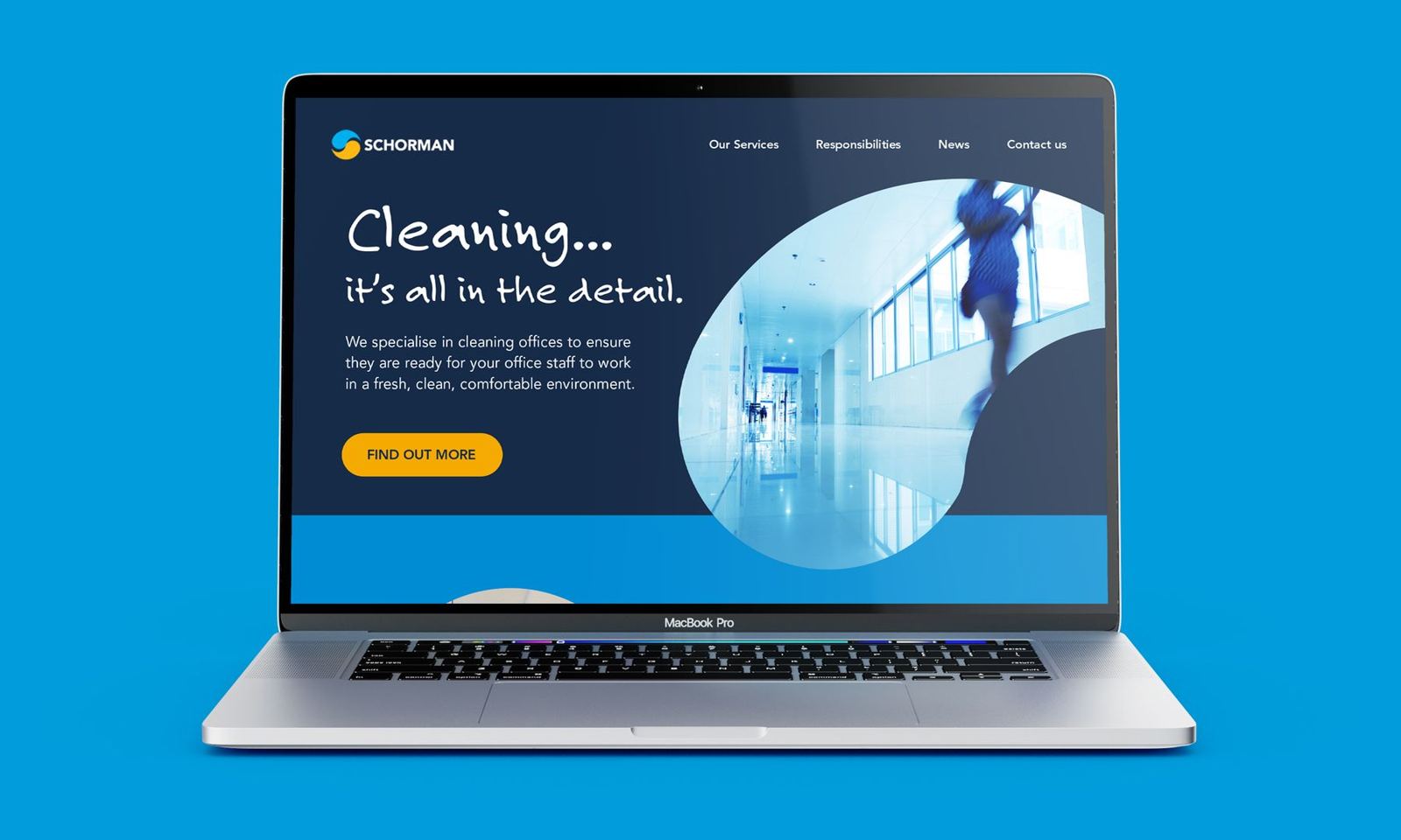 Laptop showing the Schorman website headline Cleaning, it's all in the detail