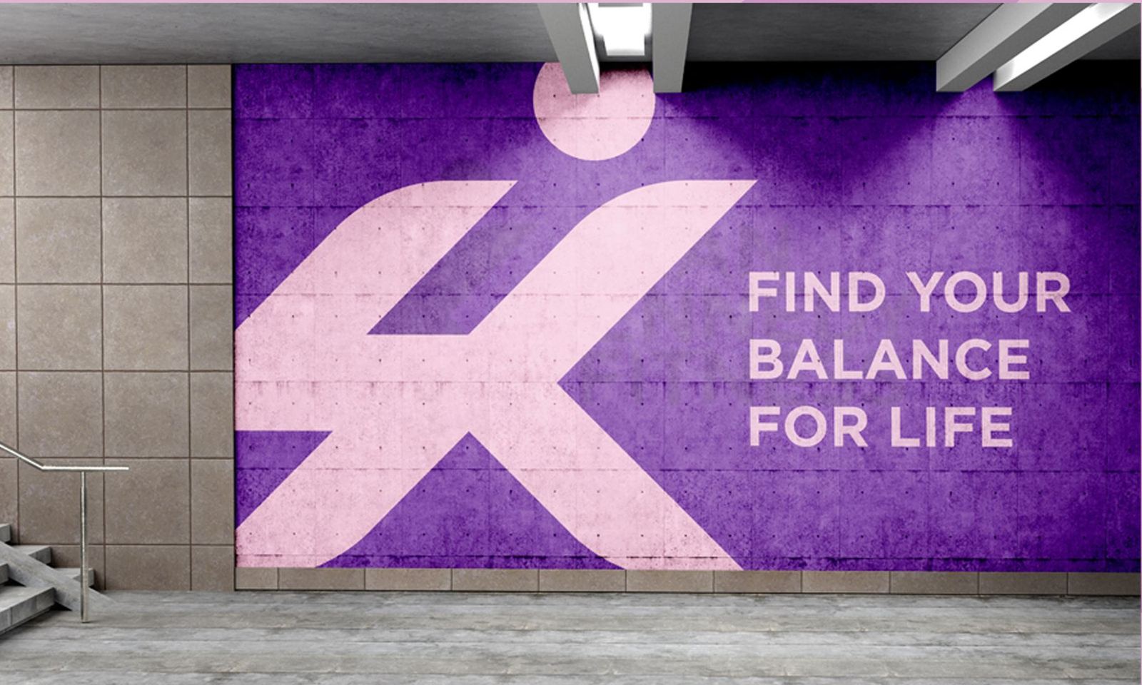 Large purple wall mural with the SK mark and the line Find your balance for life
