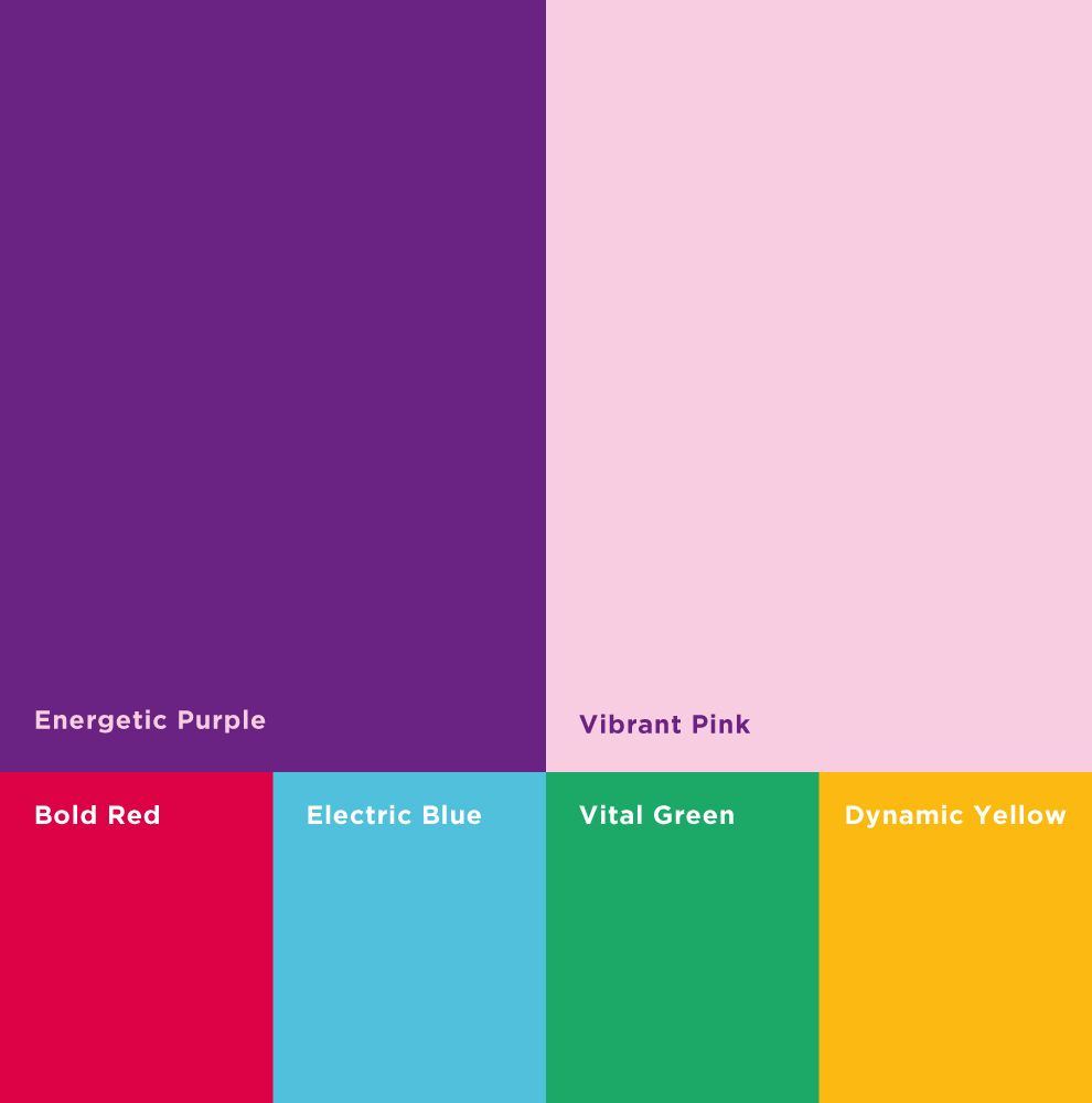 Sean Kennedy Fitness palette: Energetic Purple, Vibrant Pink, Bold Red, Electric Blue, Vital Green and Dynamic Yellow