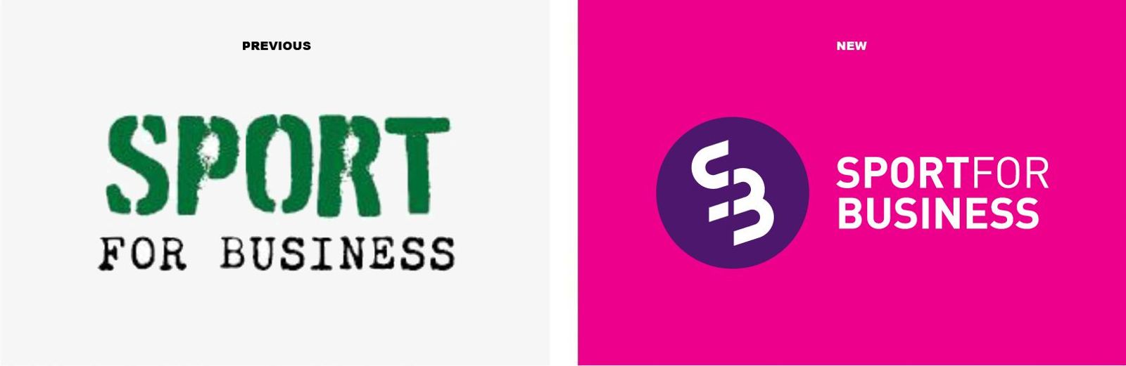Before and after: the old green stencil Sport for Business wordmark beside the new magenta mark