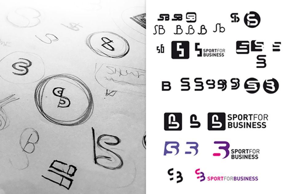Pencil sketches and digital explorations of the SB mark