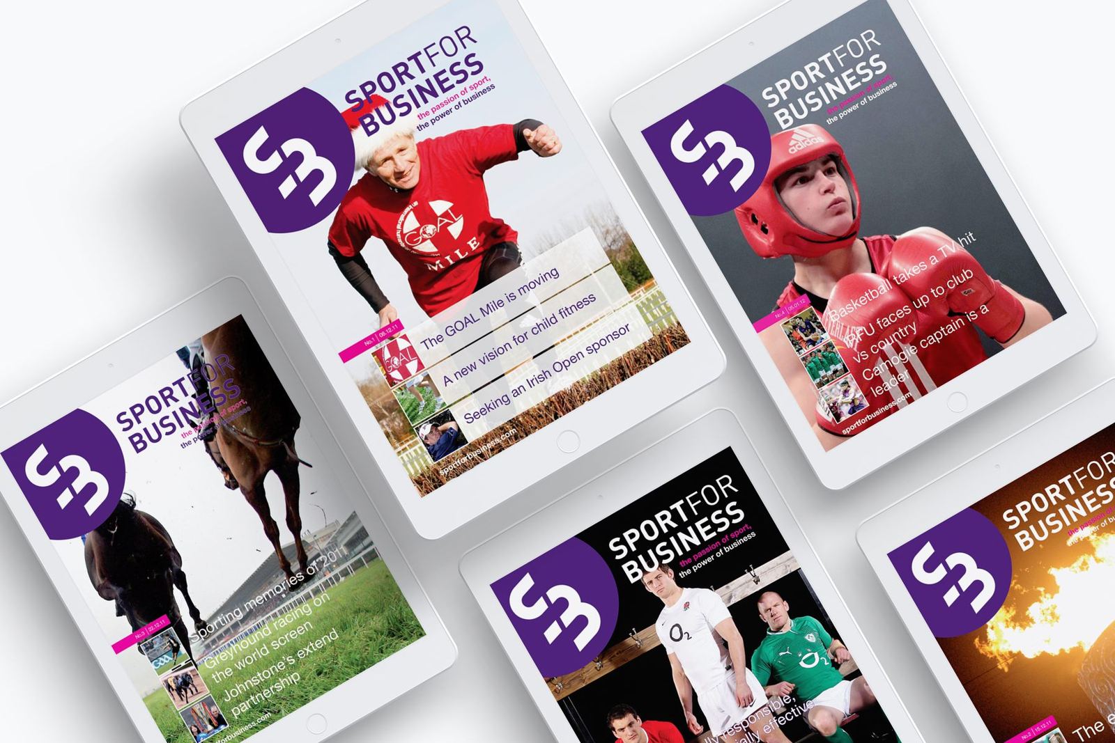 Sport for Business tablet screens in purple and magenta with sports photography