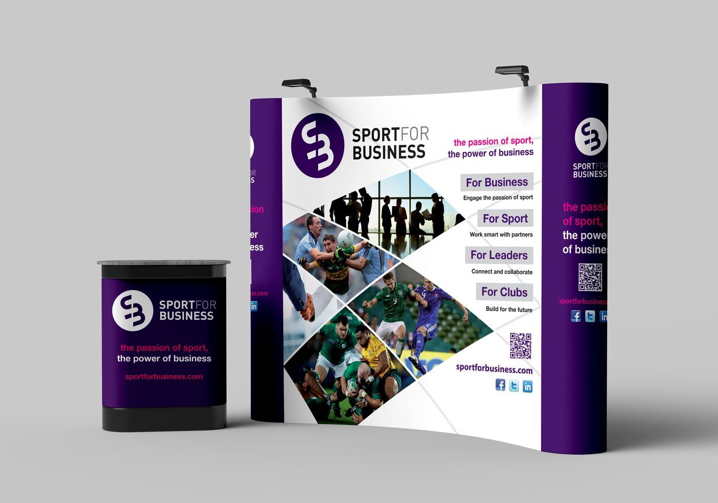 Sport for Business exhibition stand with pull-up banners