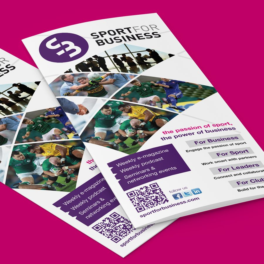 Sport for Business flyers in purple and white on a magenta background