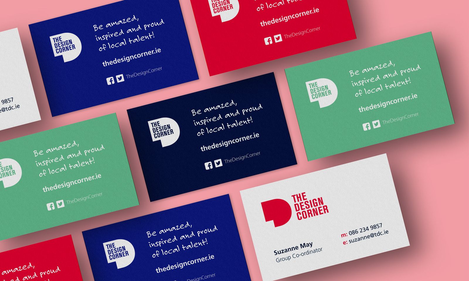 The Design Corner business cards in navy, red and green