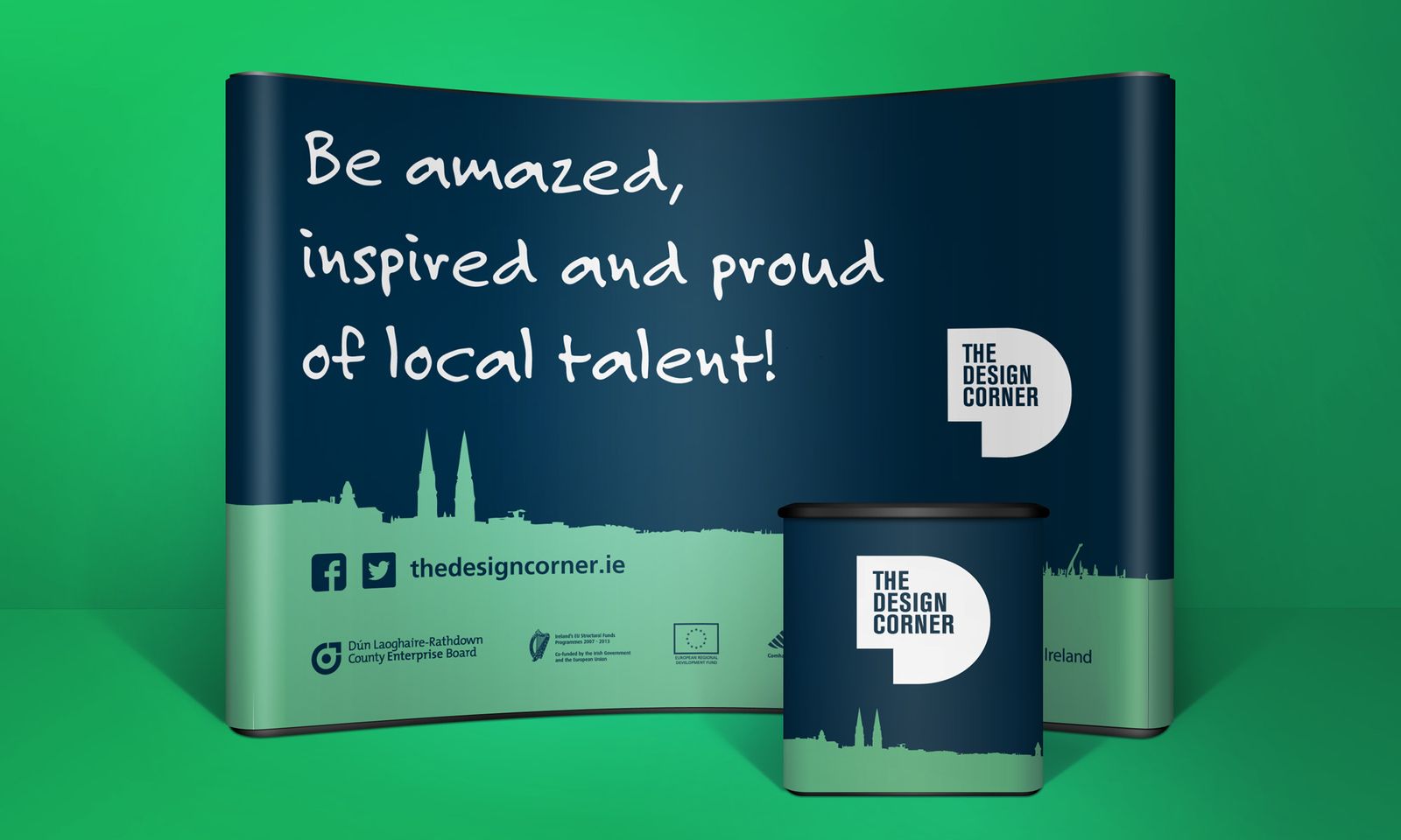 The Design Corner pop-up exhibition stand reading Be amazed, inspired and proud of local talent