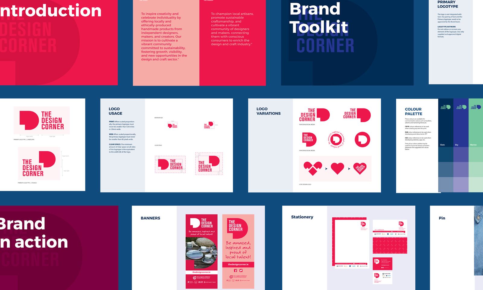 Pages from The Design Corner brand toolkit: logo, colour, stationery and the brand in action