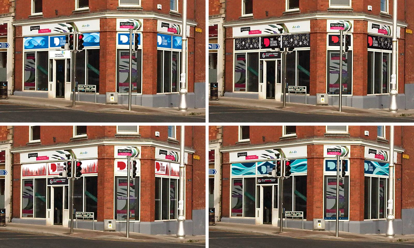 The Design Corner shopfront in four different seasonal window graphics