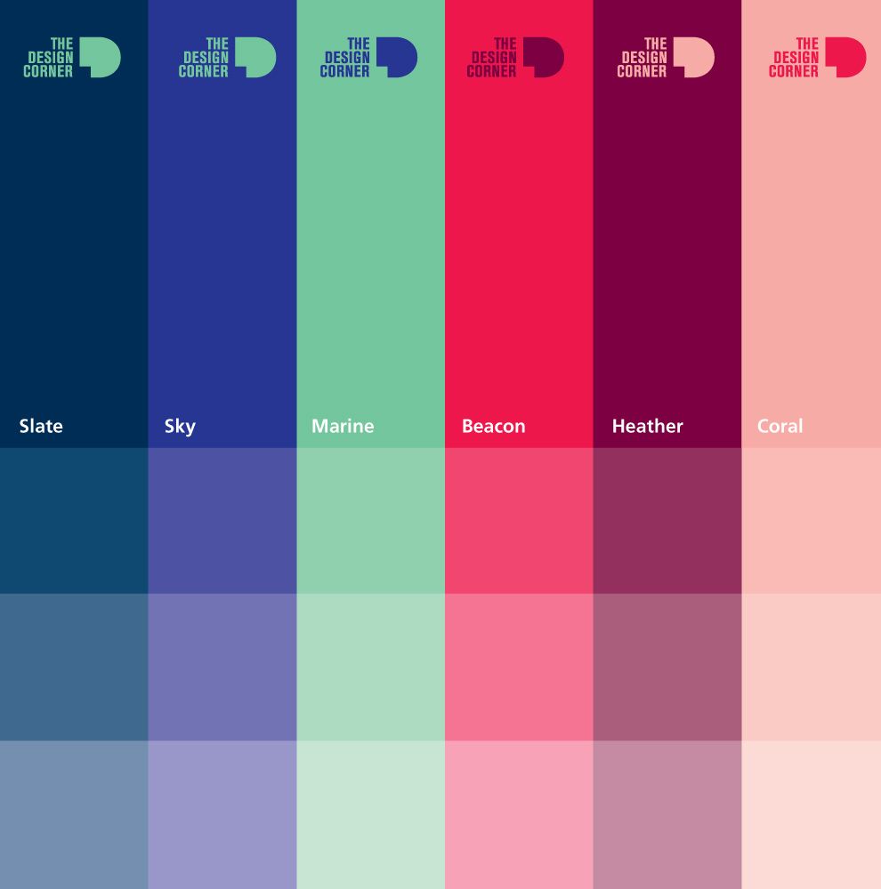 The Design Corner colour palette: slate, sky, marine, beacon, heather and coral