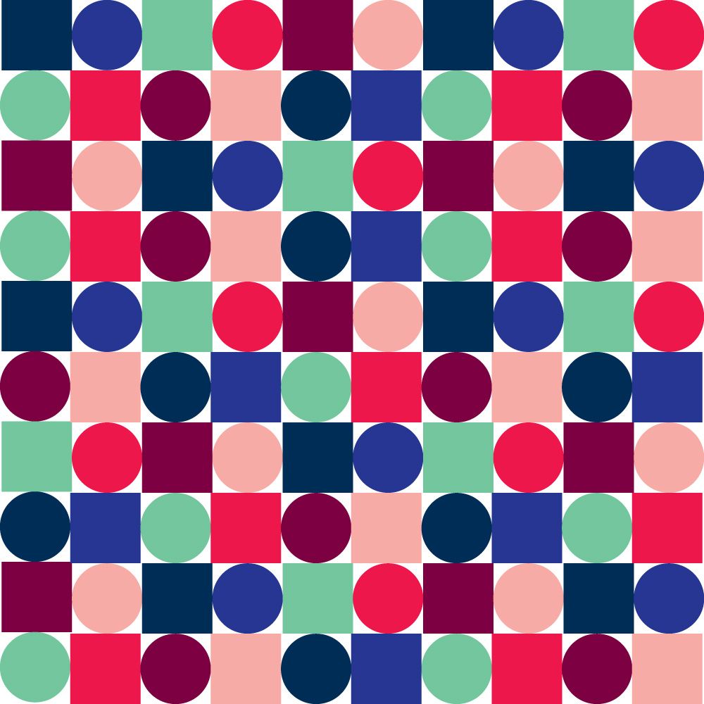 Repeating pattern of circles and squares in the brand colours