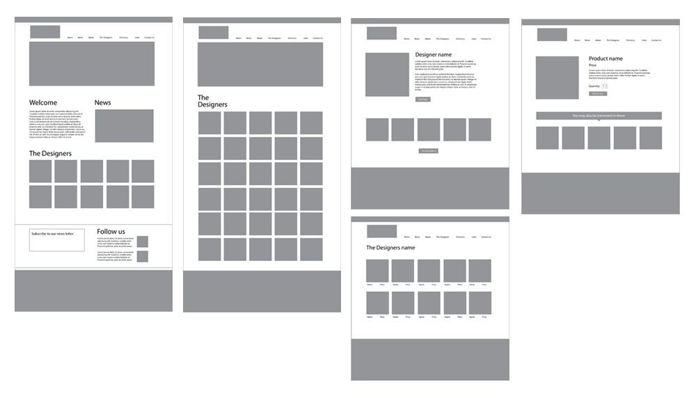Grey wireframes for The Design Corner homepage, designers and product pages