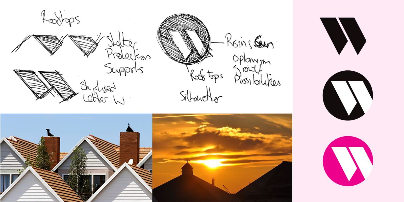 Sketches of rooftops forming a W, with photos of rooftops and a sunset used as reference