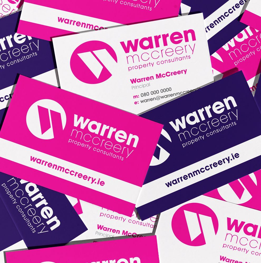 Warren McCreery business cards in magenta and purple
