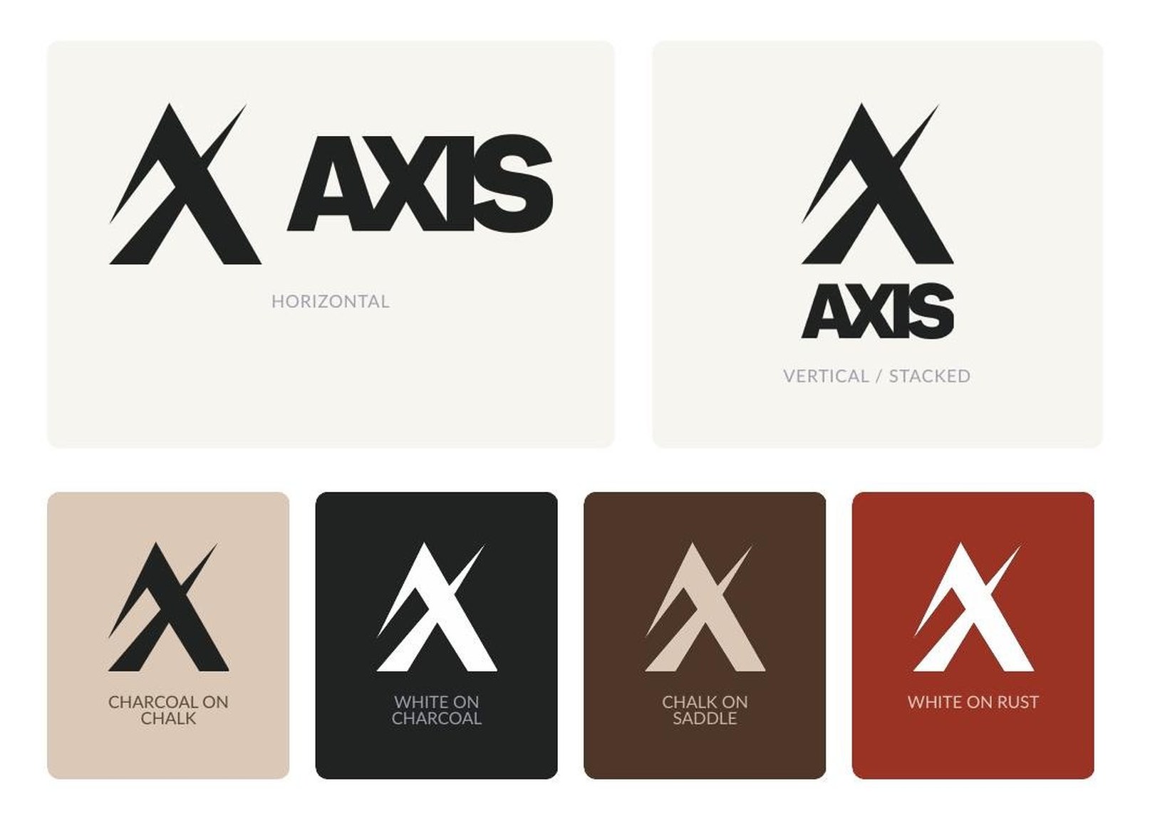 Axis Strength logo system: horizontal and stacked logos, and the mark in four colourways