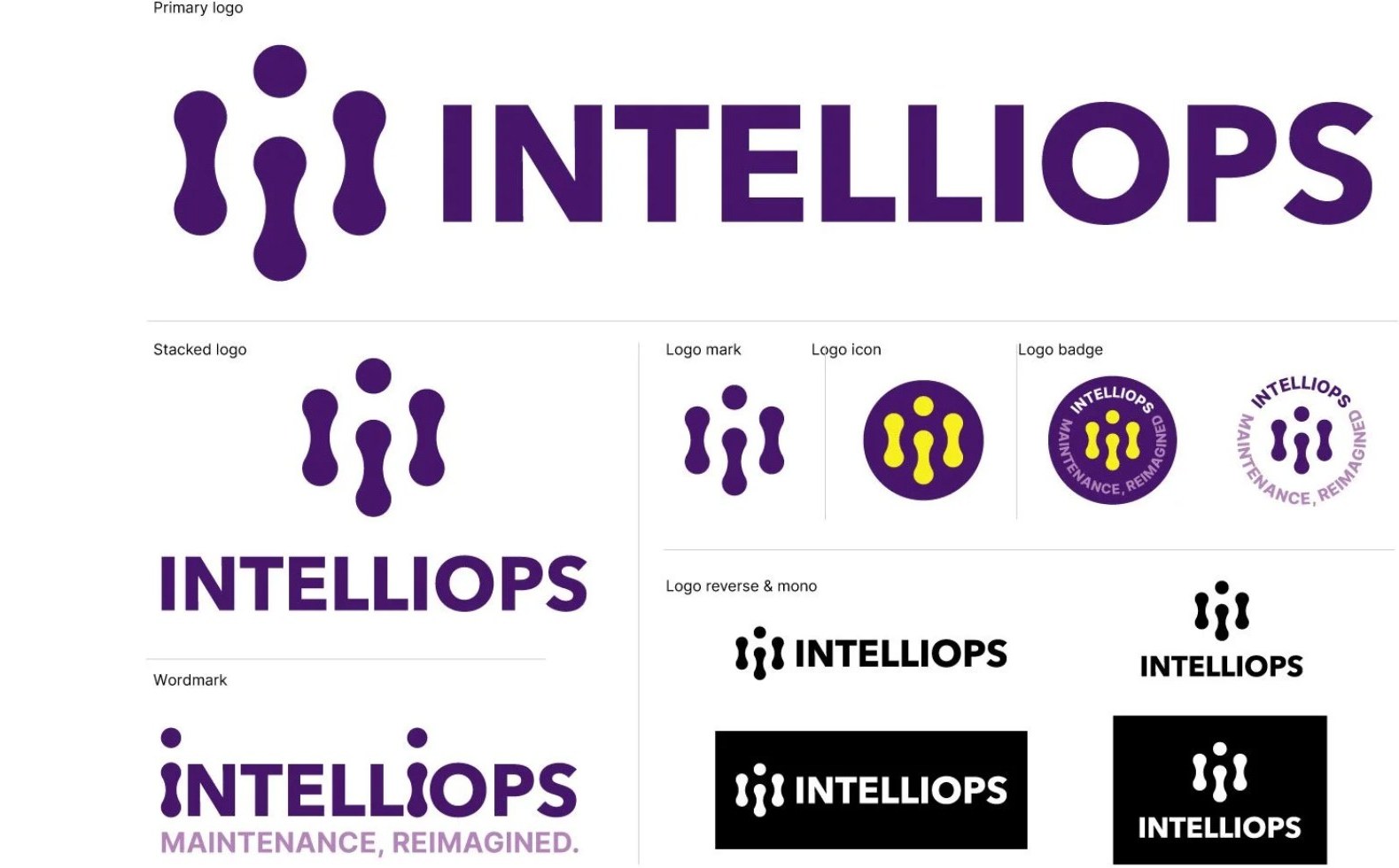 IntelliOps logo system in purple and yellow: primary, stacked, wordmark, icon, badge and mono
