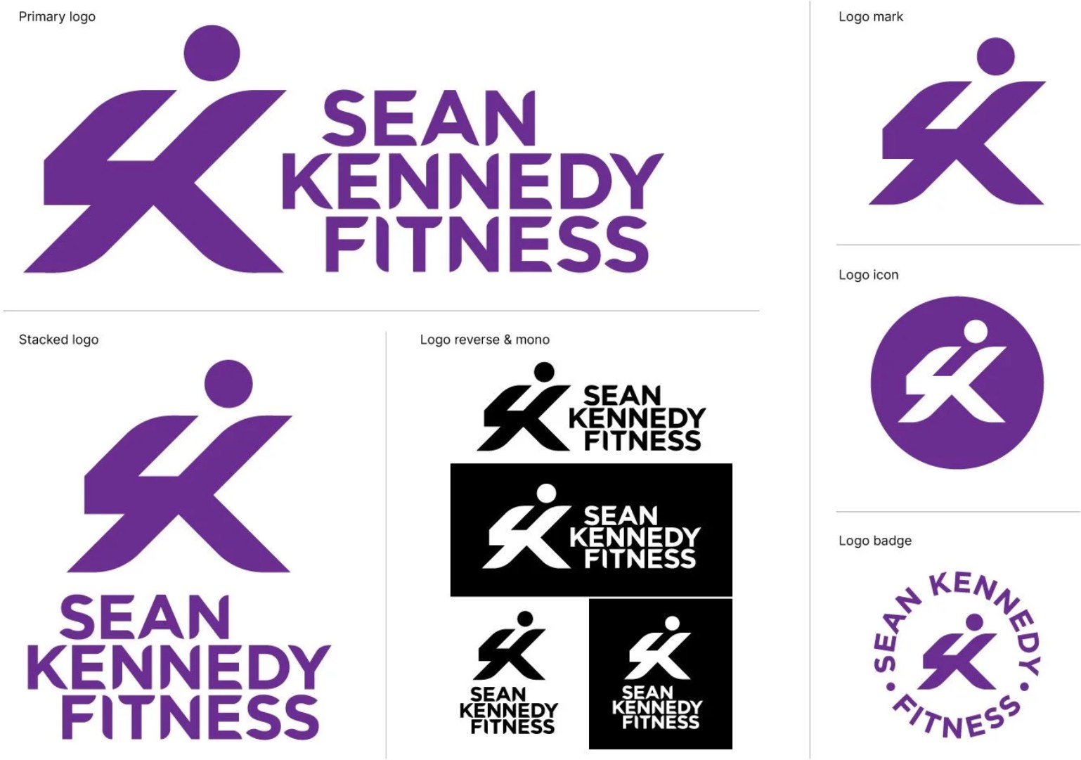 The Sean Kennedy Fitness logo set: primary, stacked, reversed, icon and badge versions